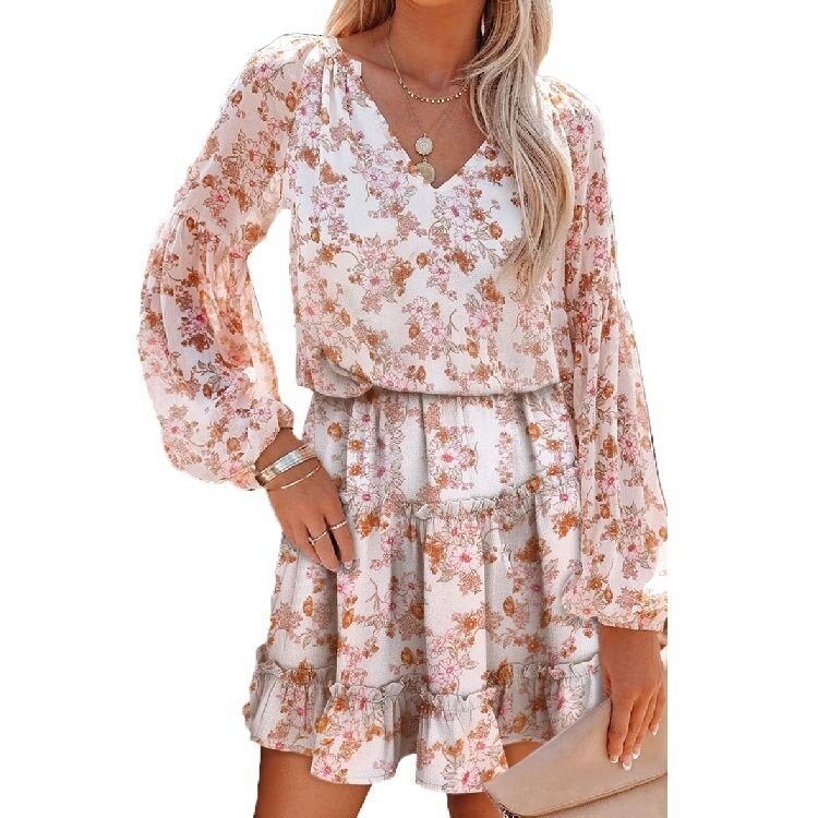 V-Neck Floral Balloon Sleeve Shirt Dress