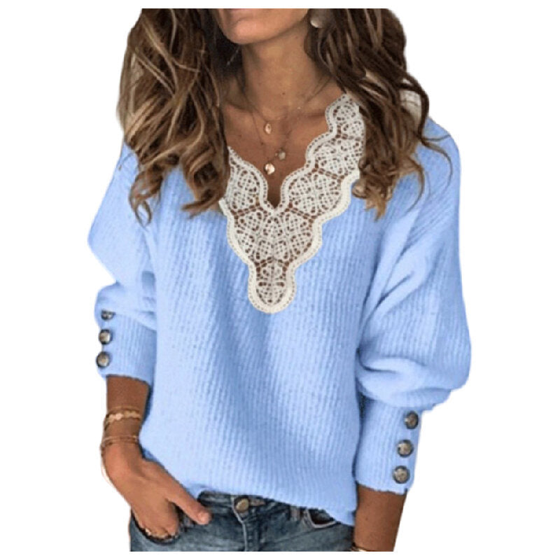 Lace Patchwork V Neck Buttons Sweater Jumper