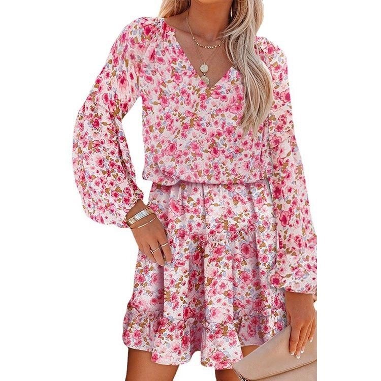 V-Neck Floral Balloon Sleeve Shirt Dress