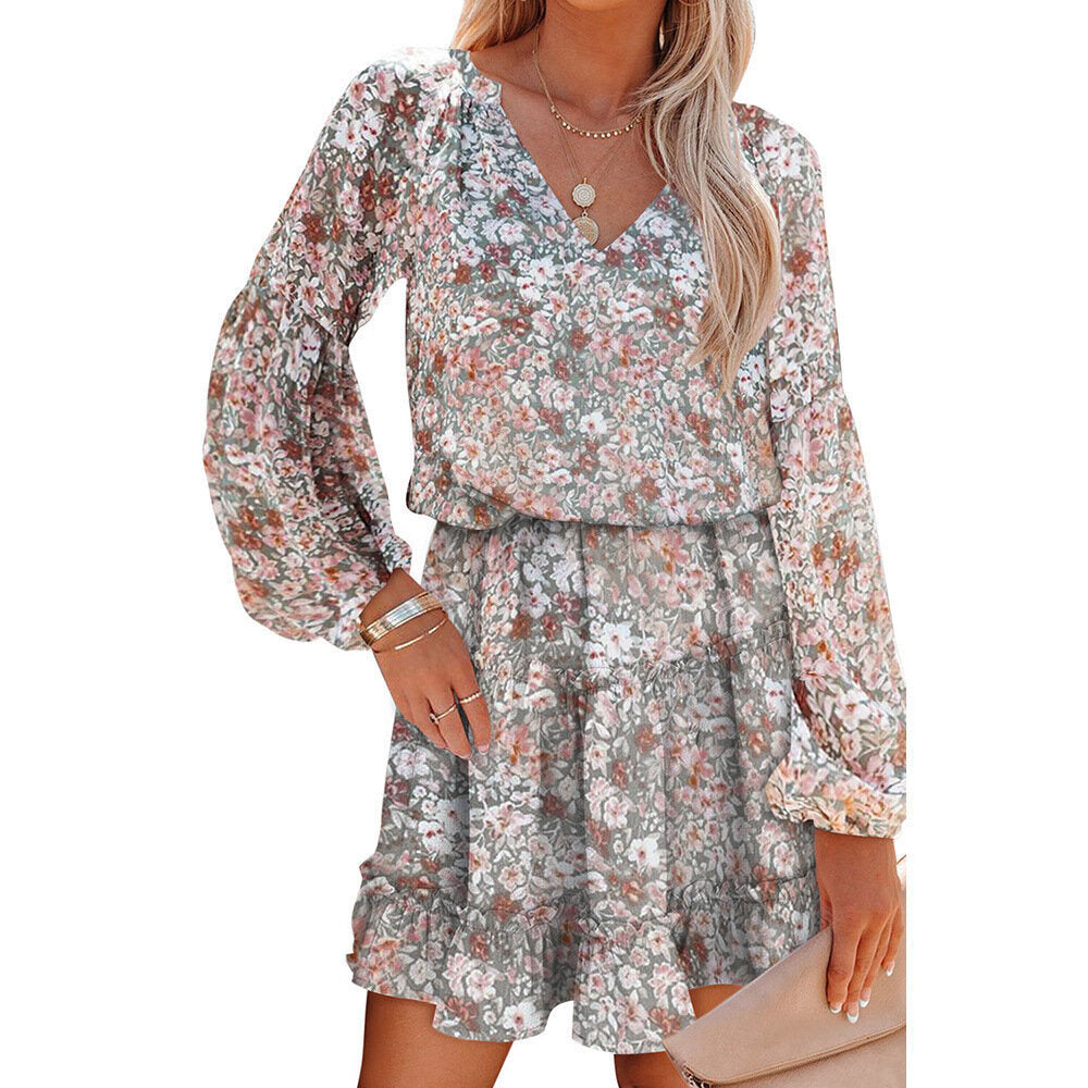 V-Neck Floral Balloon Sleeve Shirt Dress