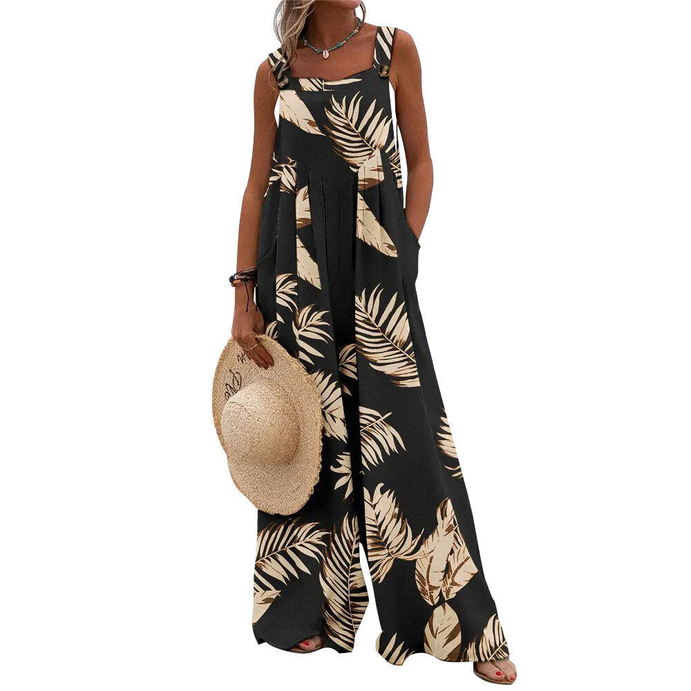 Printed Sleeveless Loose Sling Jumpsuit Wide Leg Pants