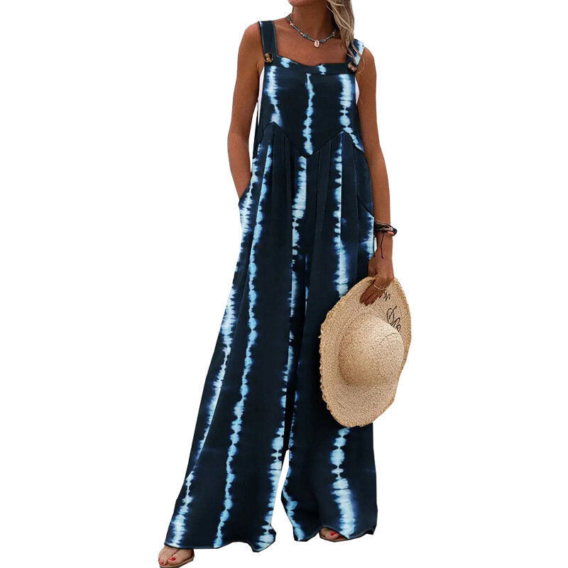 Printed Sleeveless Loose Sling Jumpsuit Wide Leg Pants