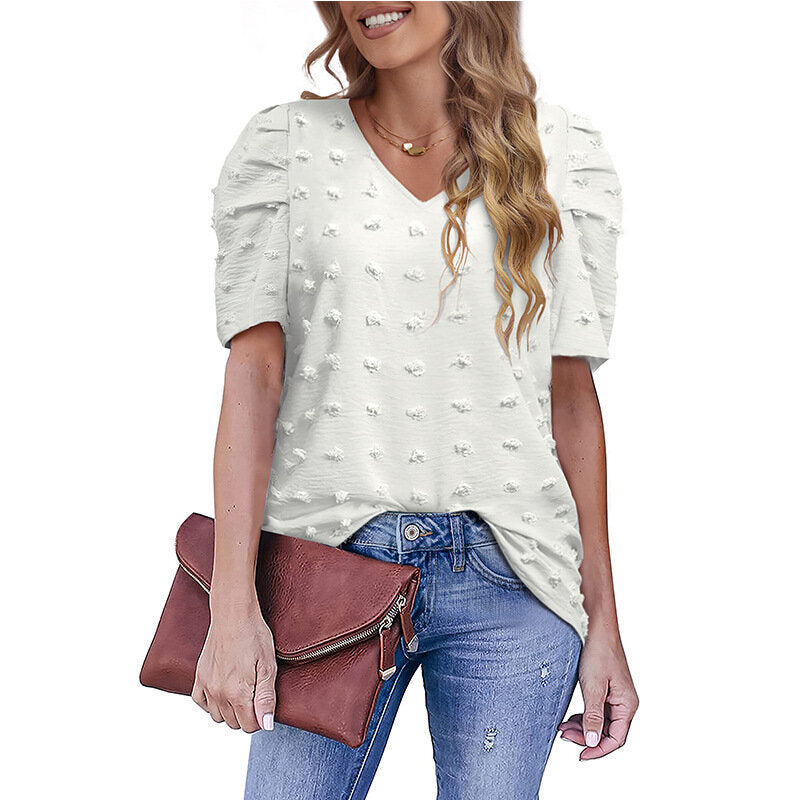 V-Neck Chiffon Puff Sleeve Shirt Short Sleeve Blouse