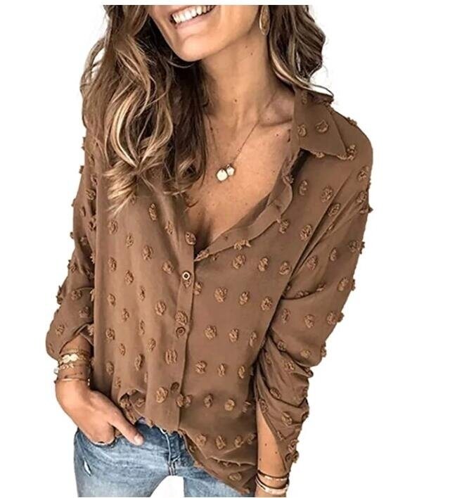 V Neck Chiffon Blouse Pom Pom Long Sleeve Button Shirt Tops