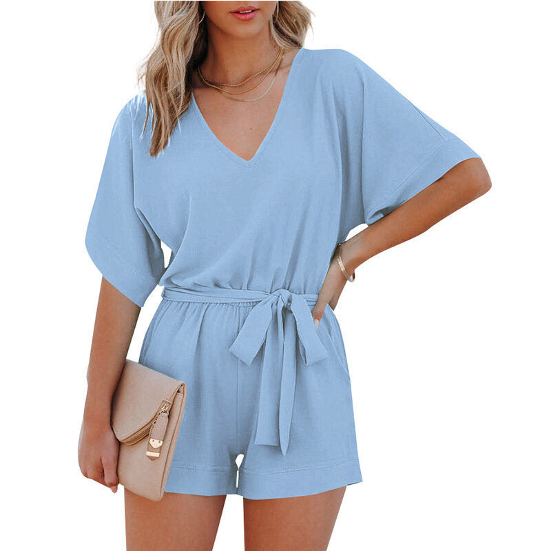 V-Neck Short Sleeve Belted Tie Short Jumpsuit