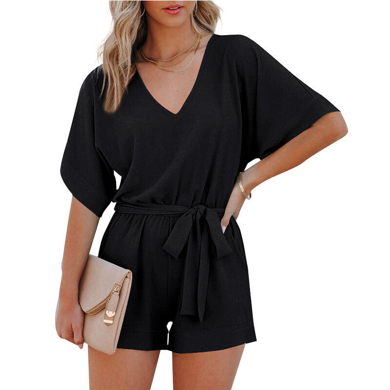 V-Neck Short Sleeve Belted Tie Short Jumpsuit