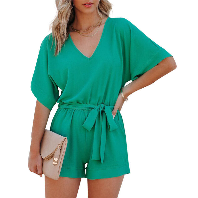 V-Neck Short Sleeve Belted Tie Short Jumpsuit