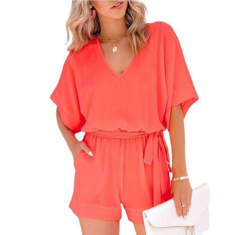 V-Neck Short Sleeve Belted Tie Short Jumpsuit