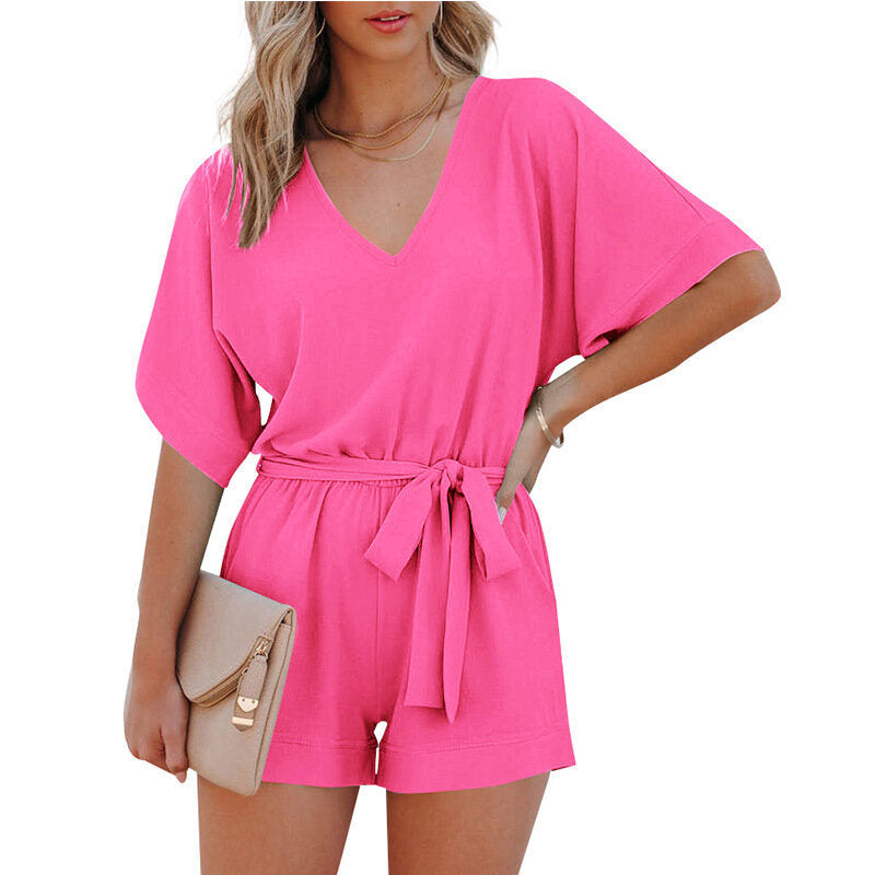 V-Neck Short Sleeve Belted Tie Short Jumpsuit