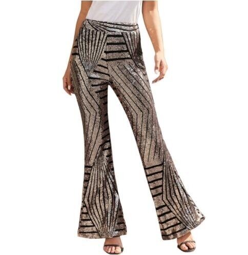 High Waist Sequin Flared Pants Wide Leg Trousers