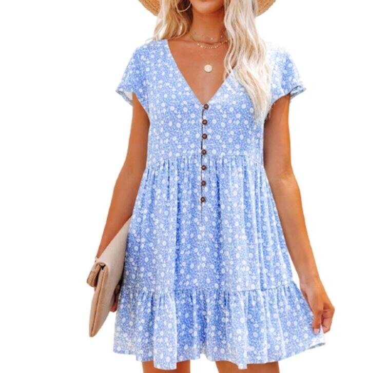 V-Neck Button Floral Short Sleeve Loose Dress