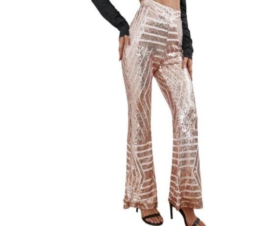 High Waist Sequin Flared Pants Wide Leg Trousers