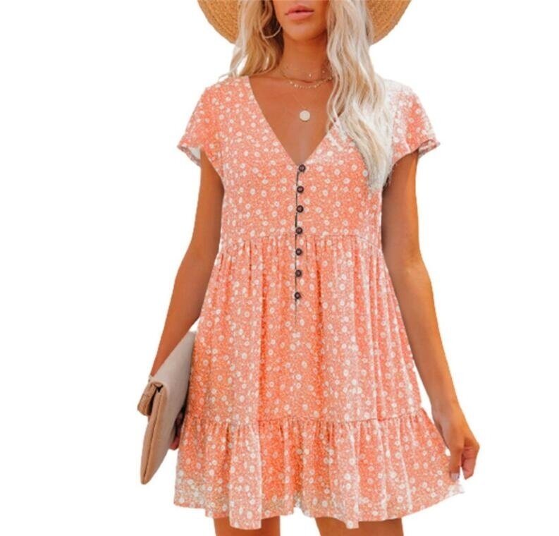 V-Neck Button Floral Short Sleeve Loose Dress