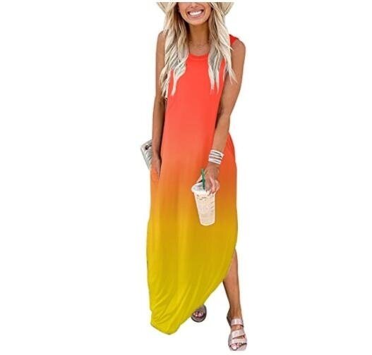 Sleeveless Gradient Print Split Beach Maxi Dresses with Pockets