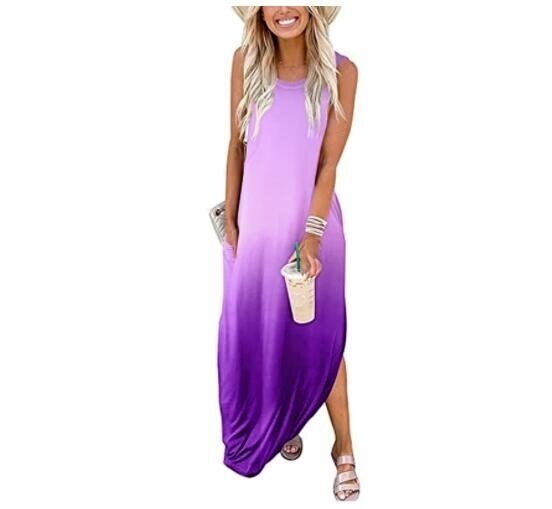 Sleeveless Gradient Print Split Beach Maxi Dresses with Pockets