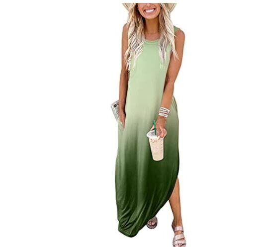 Sleeveless Gradient Print Split Beach Maxi Dresses with Pockets