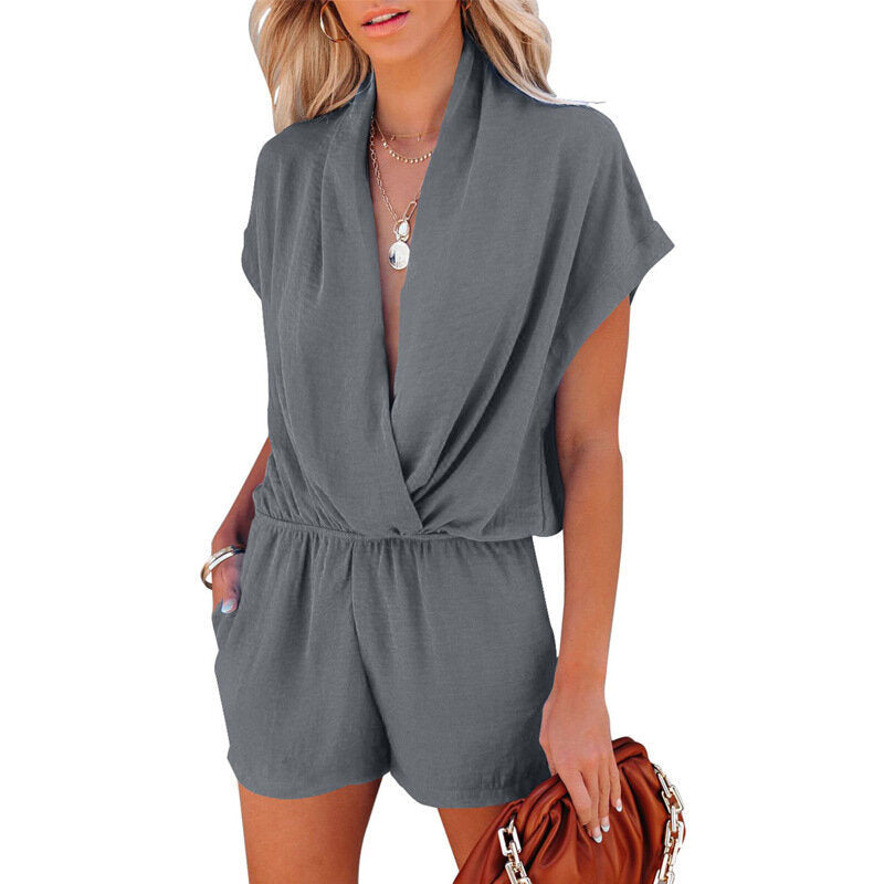 V-Neck Cross Casual Short Jumpsuit With Pockets