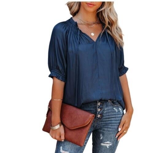 Short Sleeve Solid Color V-Neck Loose Chiffon Shirt