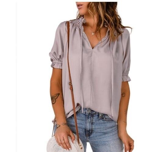 Short Sleeve Solid Color V-Neck Loose Chiffon Shirt