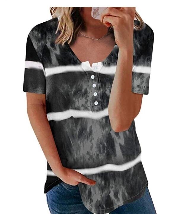 Tie Dye Stripes Short Sleeve V Neck Button T Shirt