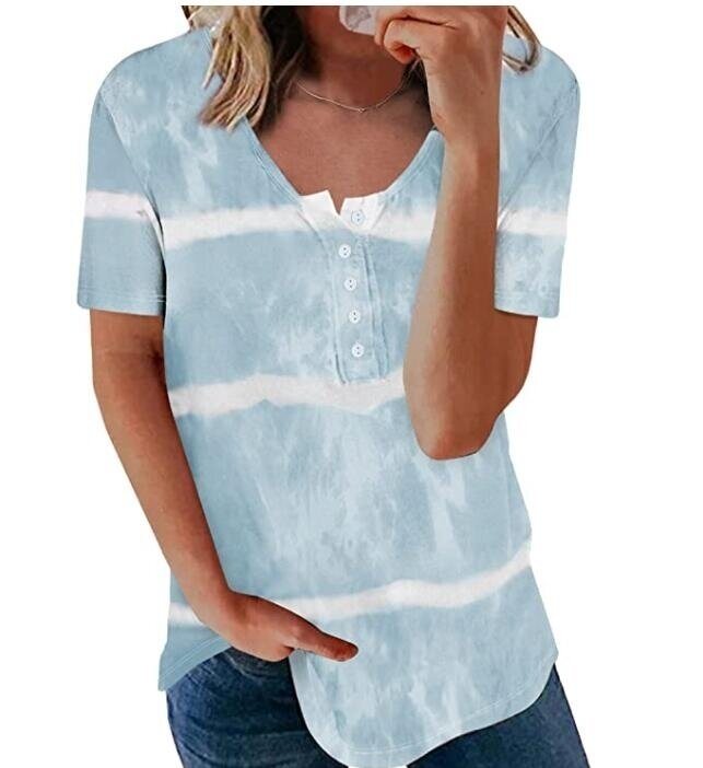 Tie Dye Stripes Short Sleeve V Neck Button T Shirt