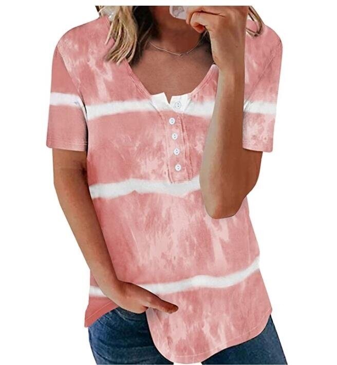 Tie Dye Stripes Short Sleeve V Neck Button T Shirt