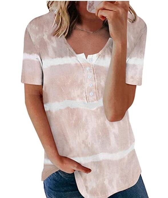 Tie Dye Stripes Short Sleeve V Neck Button T Shirt