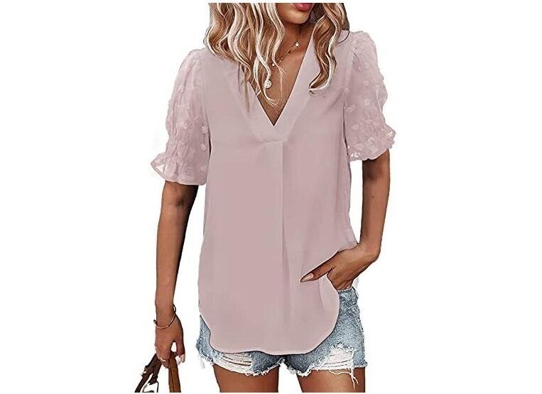 V-Neck Chiffon Shirt Panel Short Sleeve Blouses Top