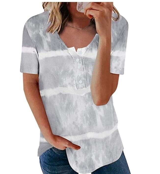 Tie Dye Stripes Short Sleeve V Neck Button T Shirt