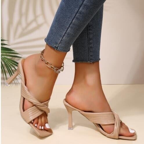 Leather Cross Fish Mouth Square Toe Heel Sandals