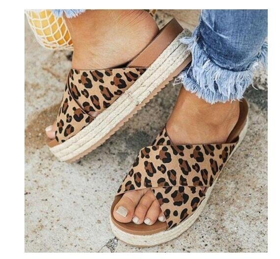 Leopard Print Hemp Strap Platform Sandals