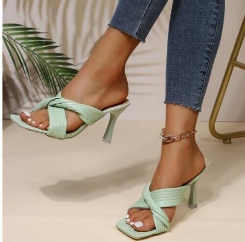 Leather Cross Fish Mouth Square Toe Heel Sandals