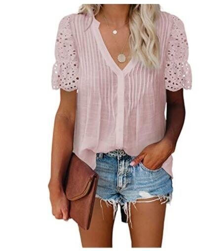 Women Lace Crochet V Neck Blouses Shirt