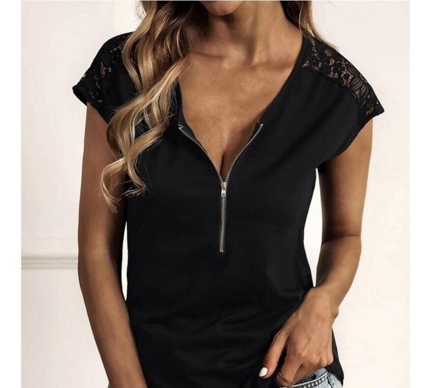 Half Zipper Lace Short Sleeve T Shirt