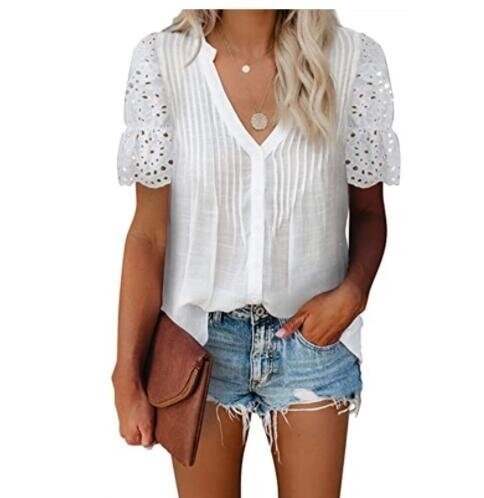 Women Lace Crochet V Neck Blouses Shirt