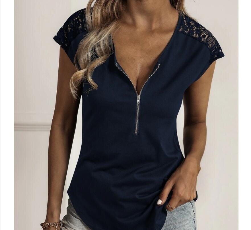 Half Zipper Lace Short Sleeve T Shirt