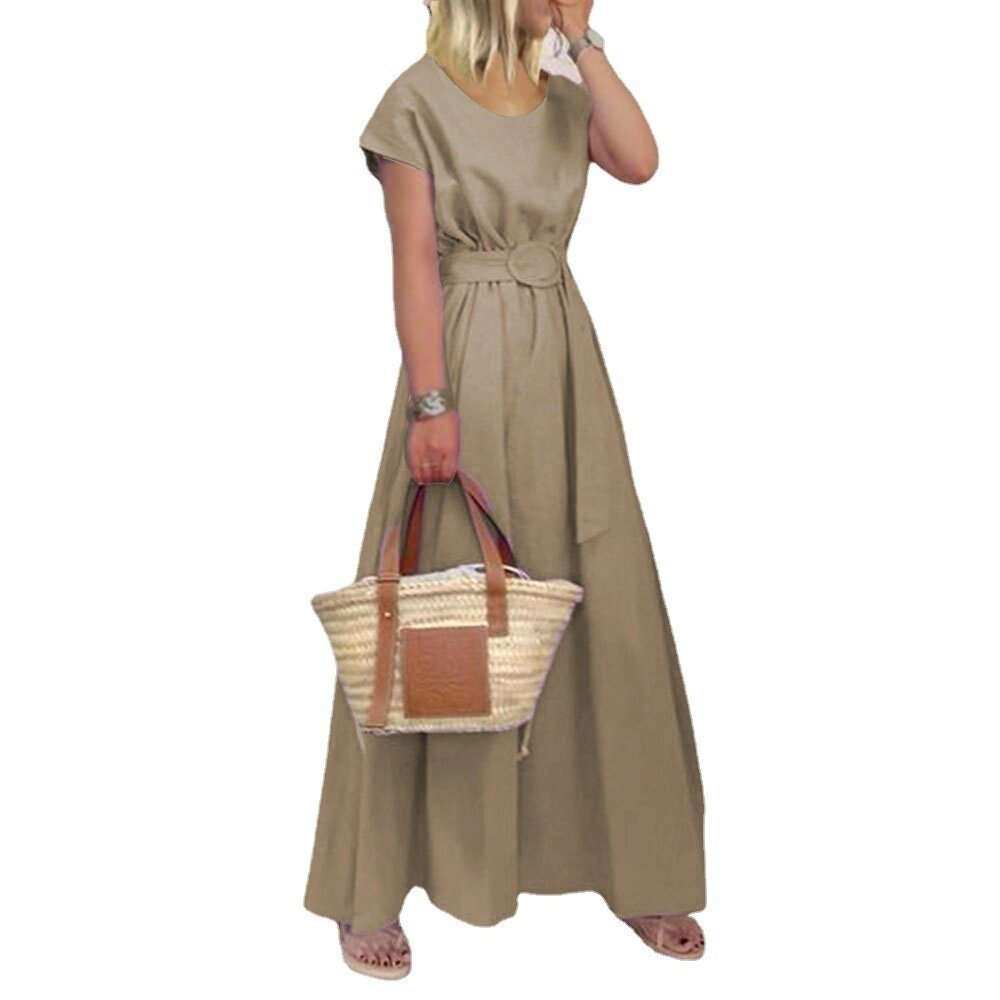 Round Neck Swing Dress Belt Maxi Dress