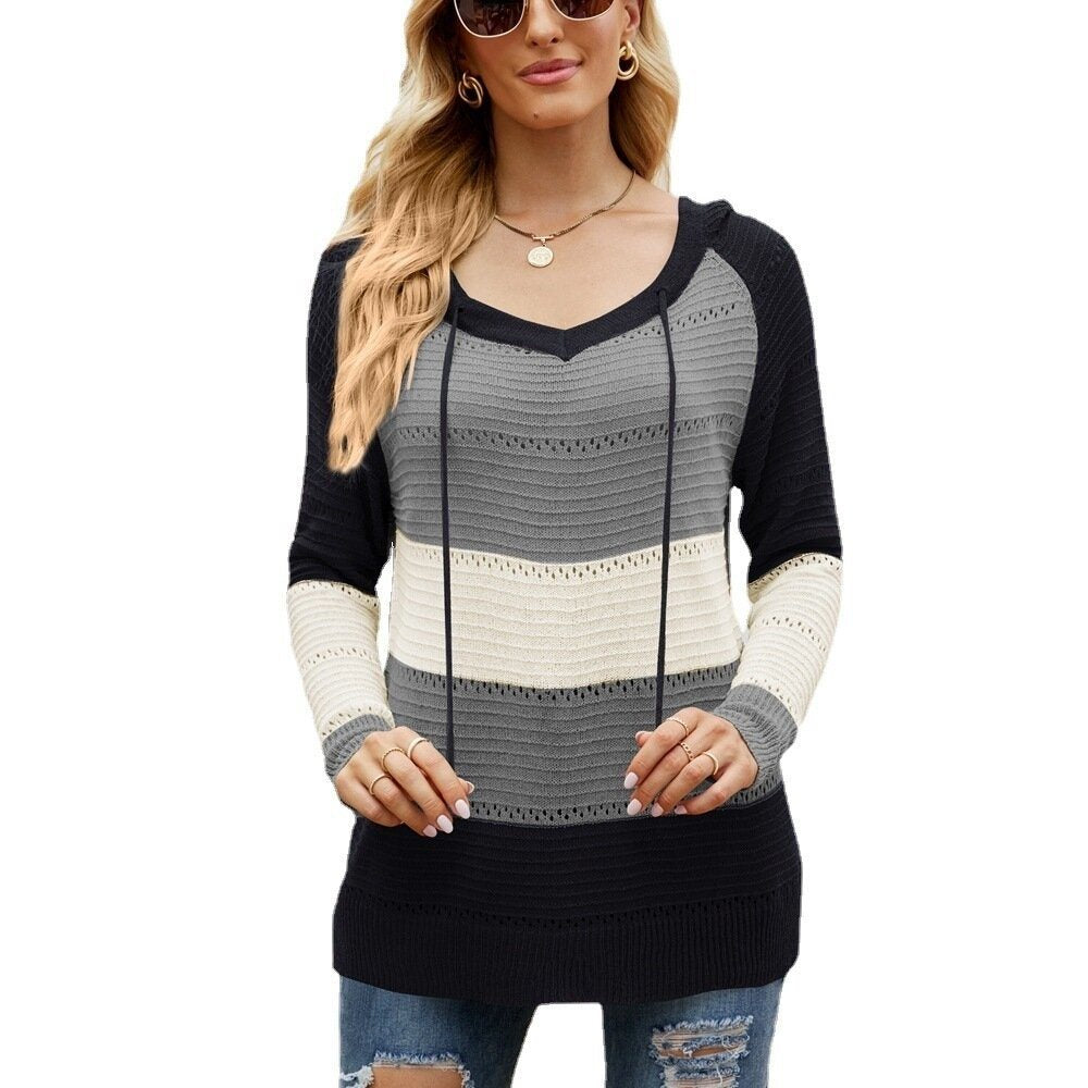 Color Block Striped Knit Contrast Sweater Hoodie