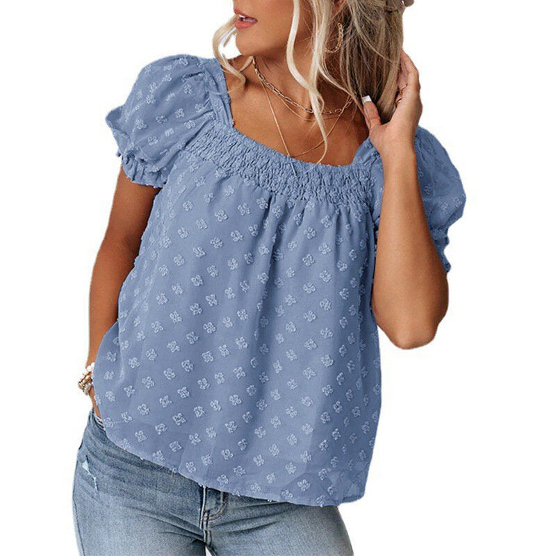 Chiffon Jacquard Sweet Short Sleeve Shirt Top