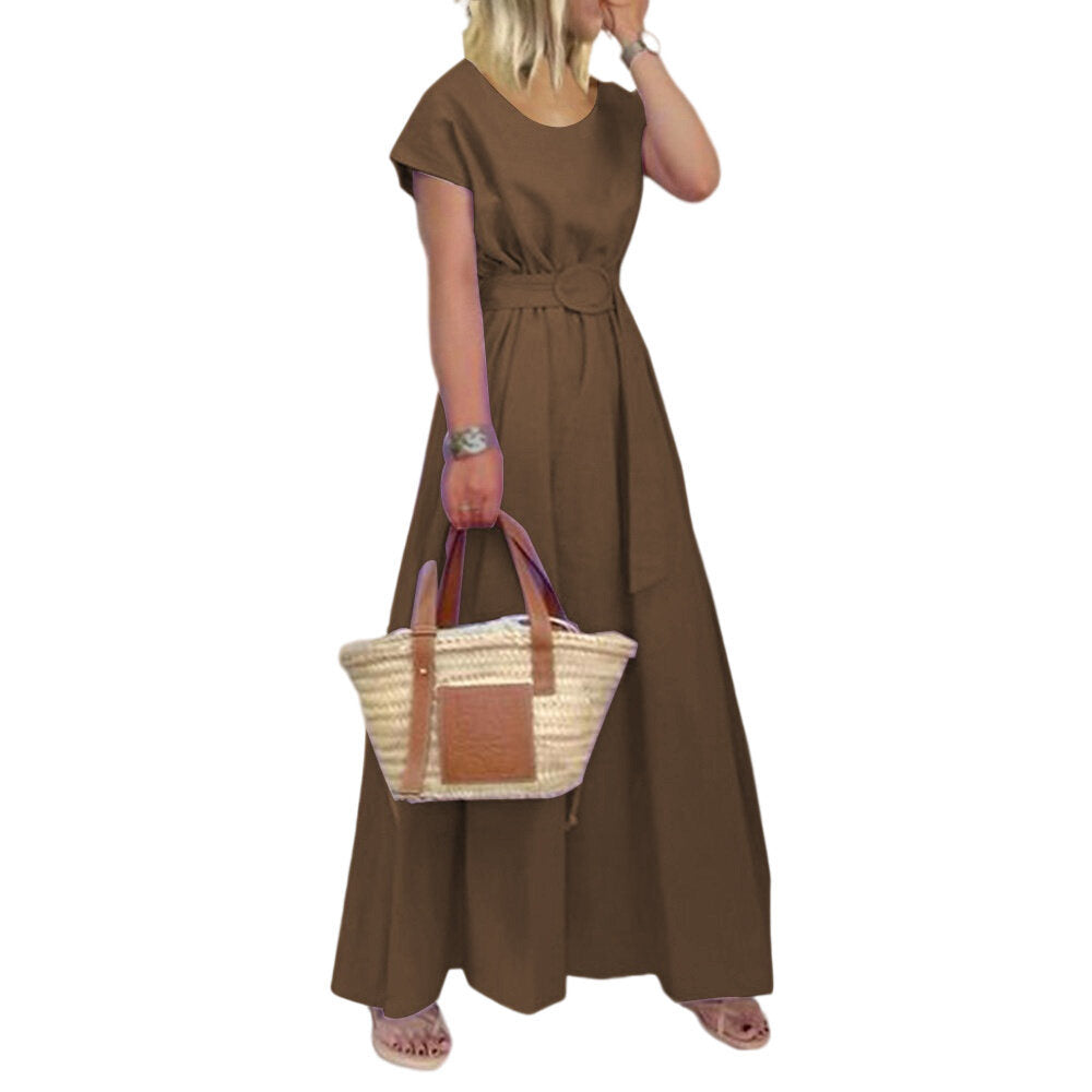 Round Neck Swing Dress Belt Maxi Dress