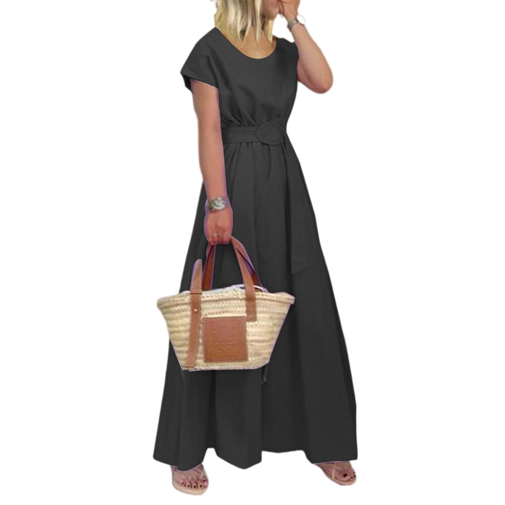 Round Neck Swing Dress Belt Maxi Dress