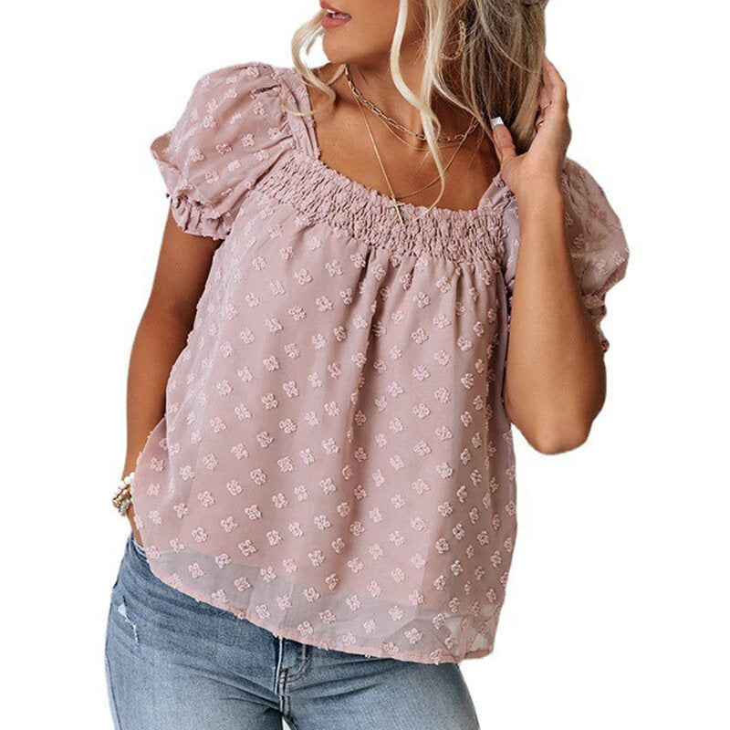 Chiffon Jacquard Sweet Short Sleeve Shirt Top