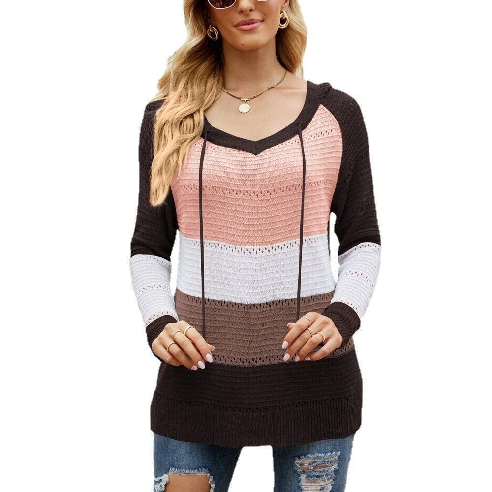 Color Block Striped Knit Contrast Sweater Hoodie