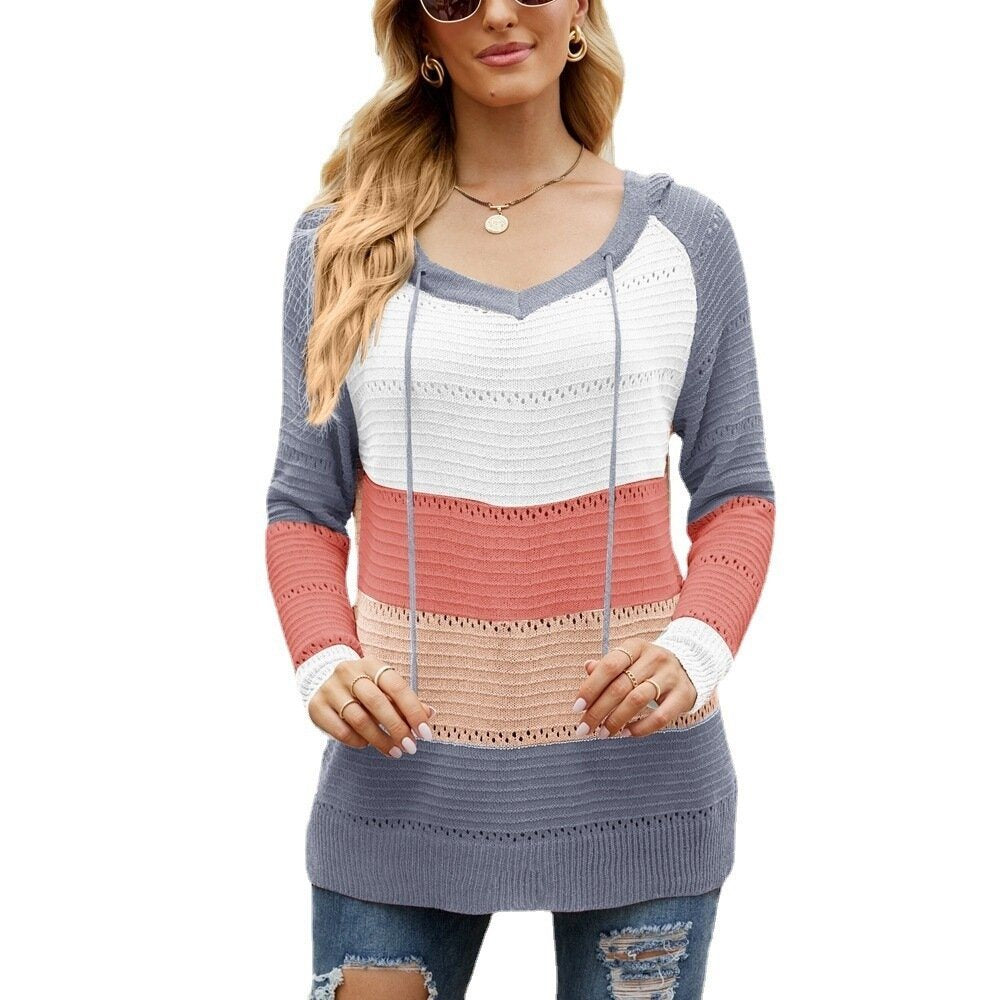 Color Block Striped Knit Contrast Sweater Hoodie