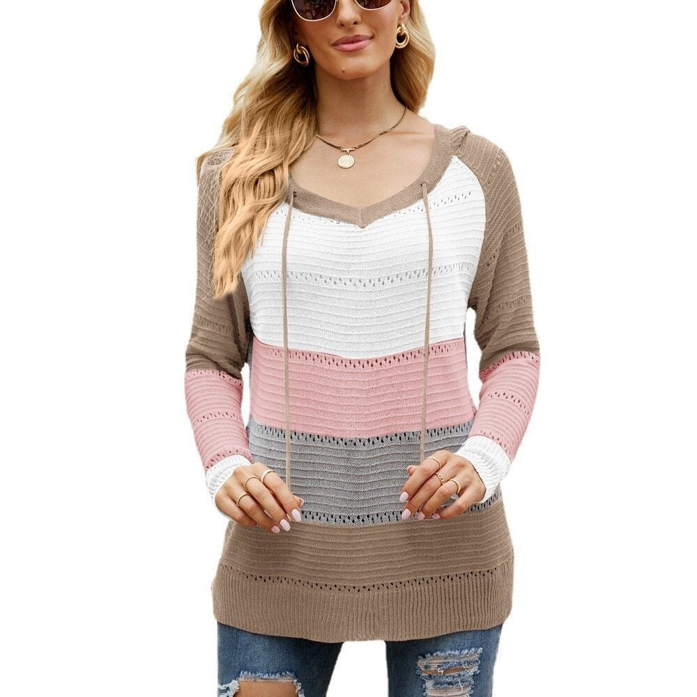 Color Block Striped Knit Contrast Sweater Hoodie