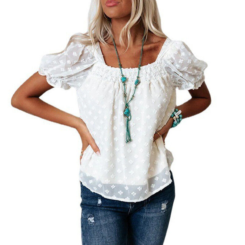 Chiffon Jacquard Sweet Short Sleeve Shirt Top