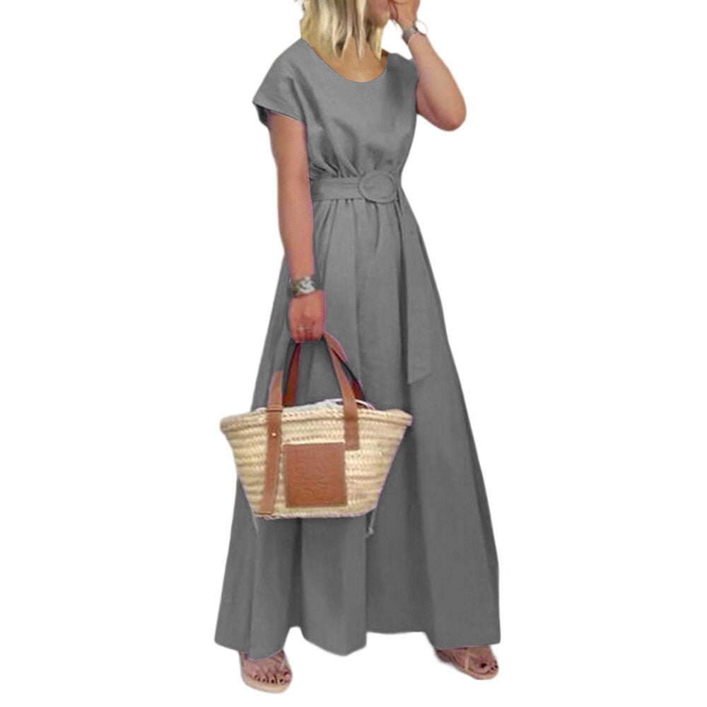 Round Neck Swing Dress Belt Maxi Dress