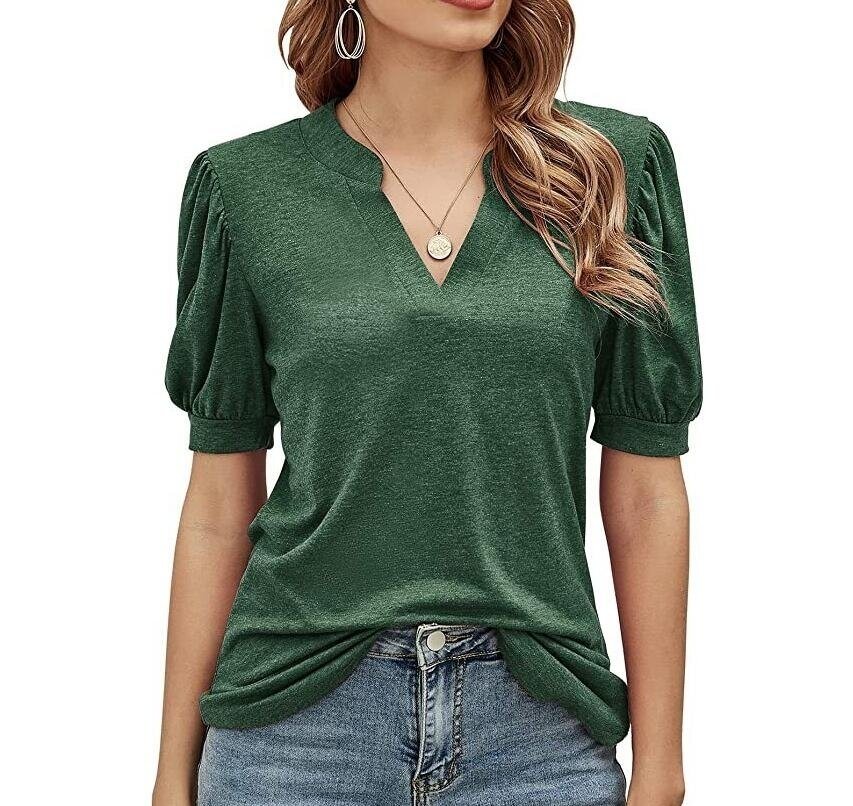 Casual V-neck Solid Color Puff Sleeves T Shirt