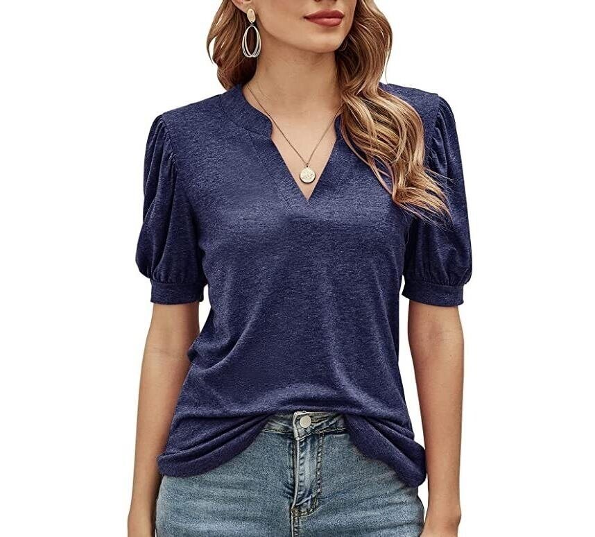 Casual V-neck Solid Color Puff Sleeves T Shirt