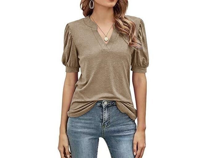 Casual V-neck Solid Color Puff Sleeves T Shirt